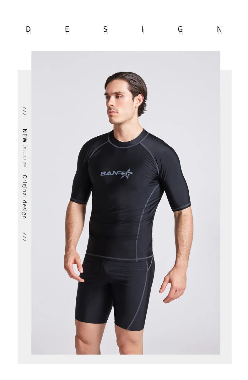 Men's blue quick-drying nylon swim set with half-sleeve top and matching swim pants on a mannequin.