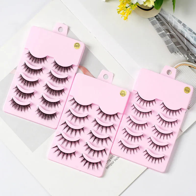 Set of manga style false eyelashes showing natural slim length styles 007, 008, and 009 on black plastic bands.