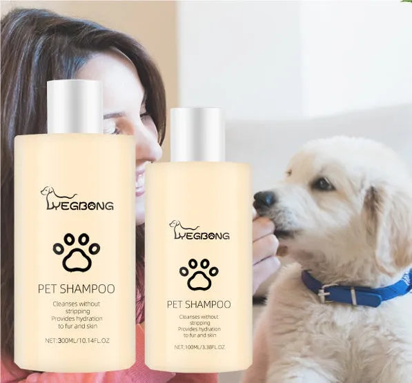 Bottle of mild pet shampoo for dogs to soften fur and reduce tangles