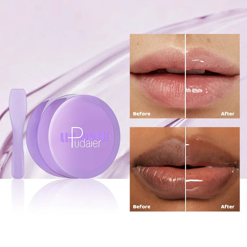 Lip exfoliating balm mask with 10ml tube and white silicone scraper tool on a pink background.