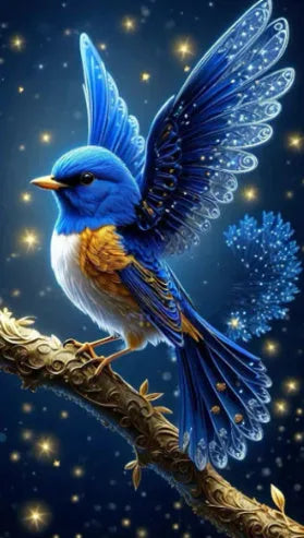 Handmade DIY diamond painting kit showing blue bird design on 60x100cm canvas with acrylic rhinestones