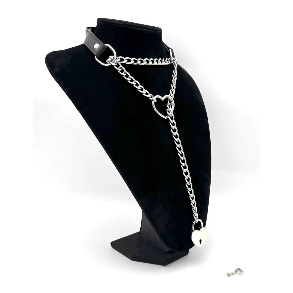 Leather traction collar in black with silver accents, necklace-style design for men and women