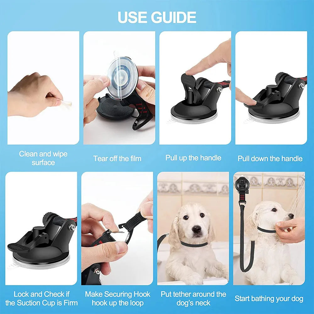 Black and blue suction cup dog bath restraint kit with large and small cups on a tub.