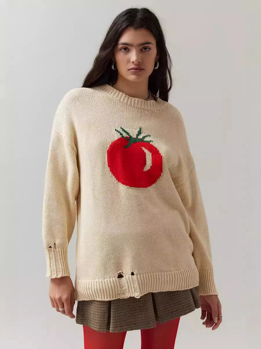 Women's beige round neck pullover sweater with jacquard pattern and long sleeves