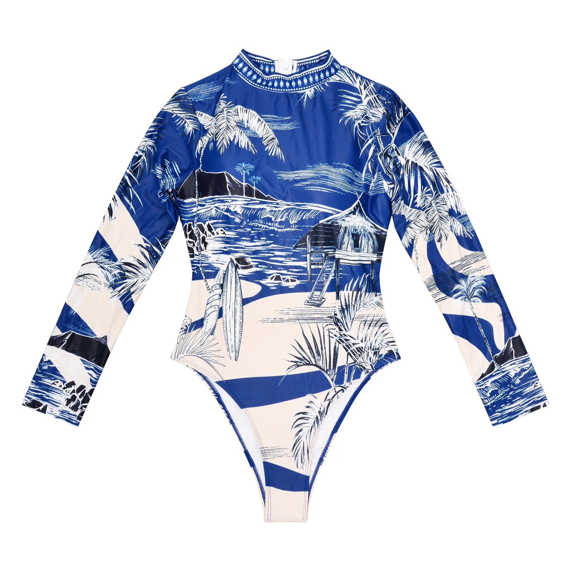 Women's one-piece printed long sleeve swimsuit in picture colour with backless design and high elasticity