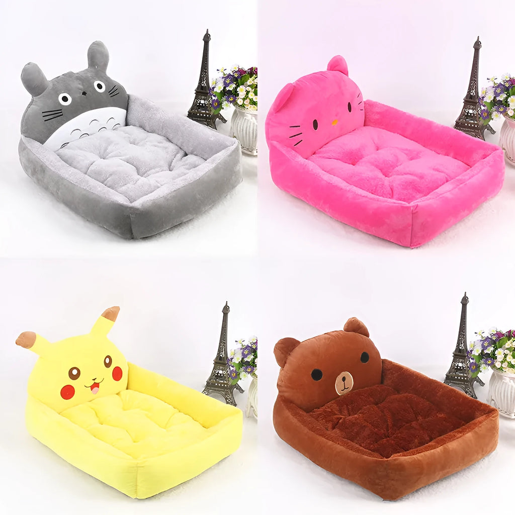 Cartoon-style plush pet sofa bed with a raised rim for a small dog or cat, shown in a blue colour