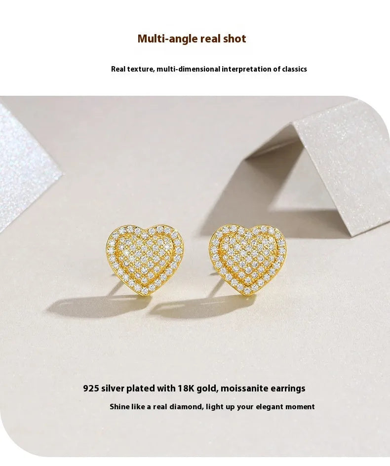 S925 sterling silver heart-shaped stud earrings with moissanite stones in gold plating