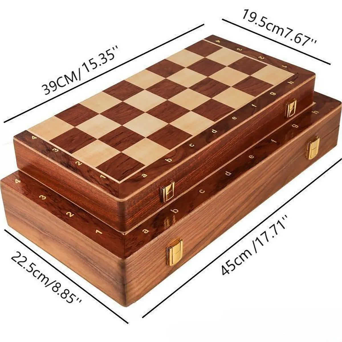 Walnut foldable solid wood children's chess set with brown board and pieces on wooden surface