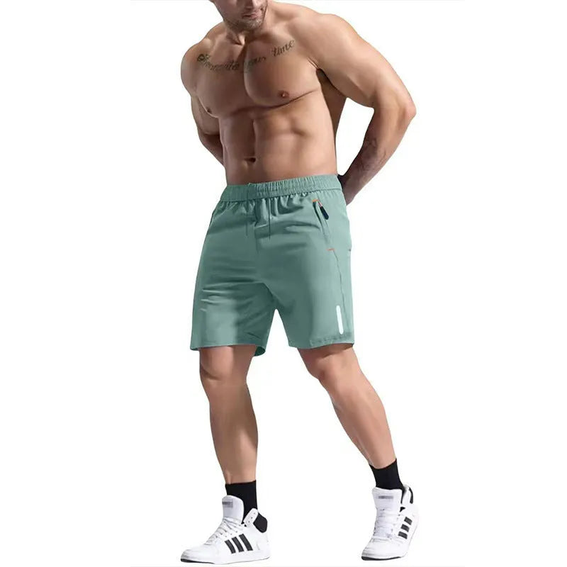 Men's grey elastic waist bamboo fibre sports shorts laid flat, showing drawstring and shorts length.