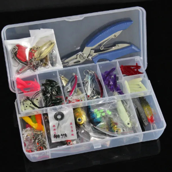 132-piece fishing lure set with plastic soft baits and high-carbon steel hooks in rose red colours