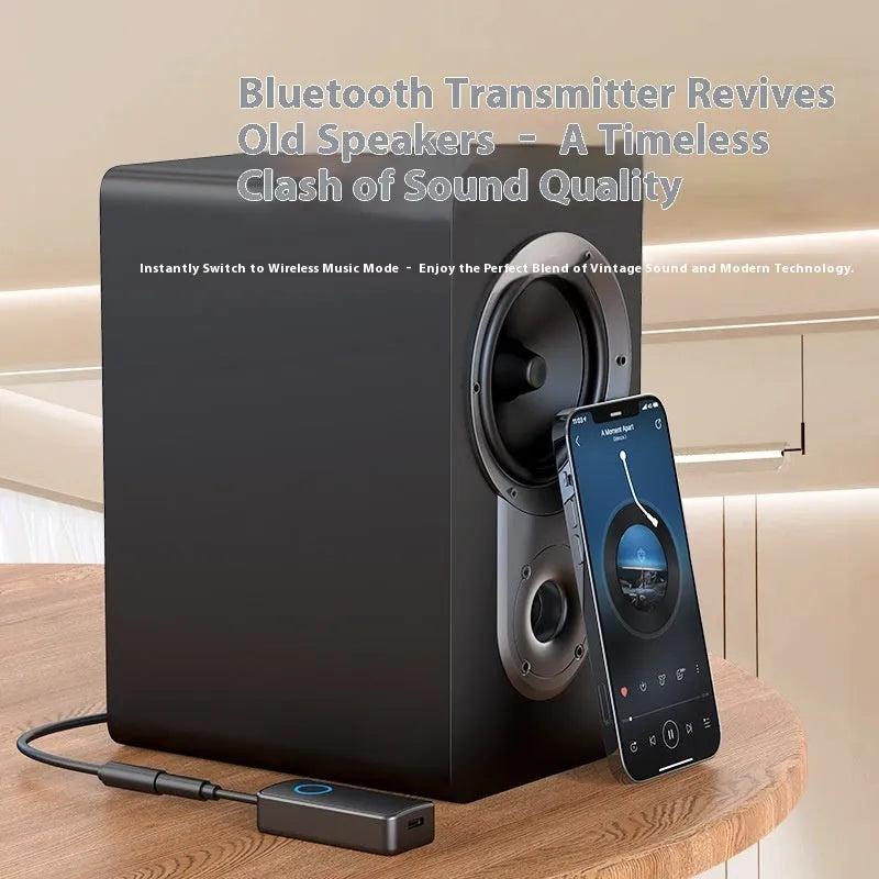 Black Bluetooth 5.4 dual-mode audio adapter with 3.5mm plug for wired to wireless conversion