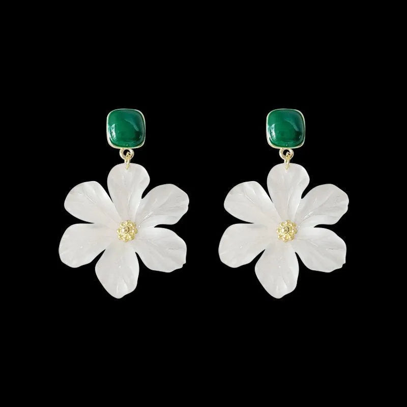 Dark green alloy drop earrings with sterling silver needle flowers design for women