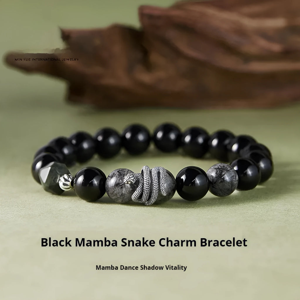 Men's black obsidian crystal and silver snake bracelet with retro zodiac design