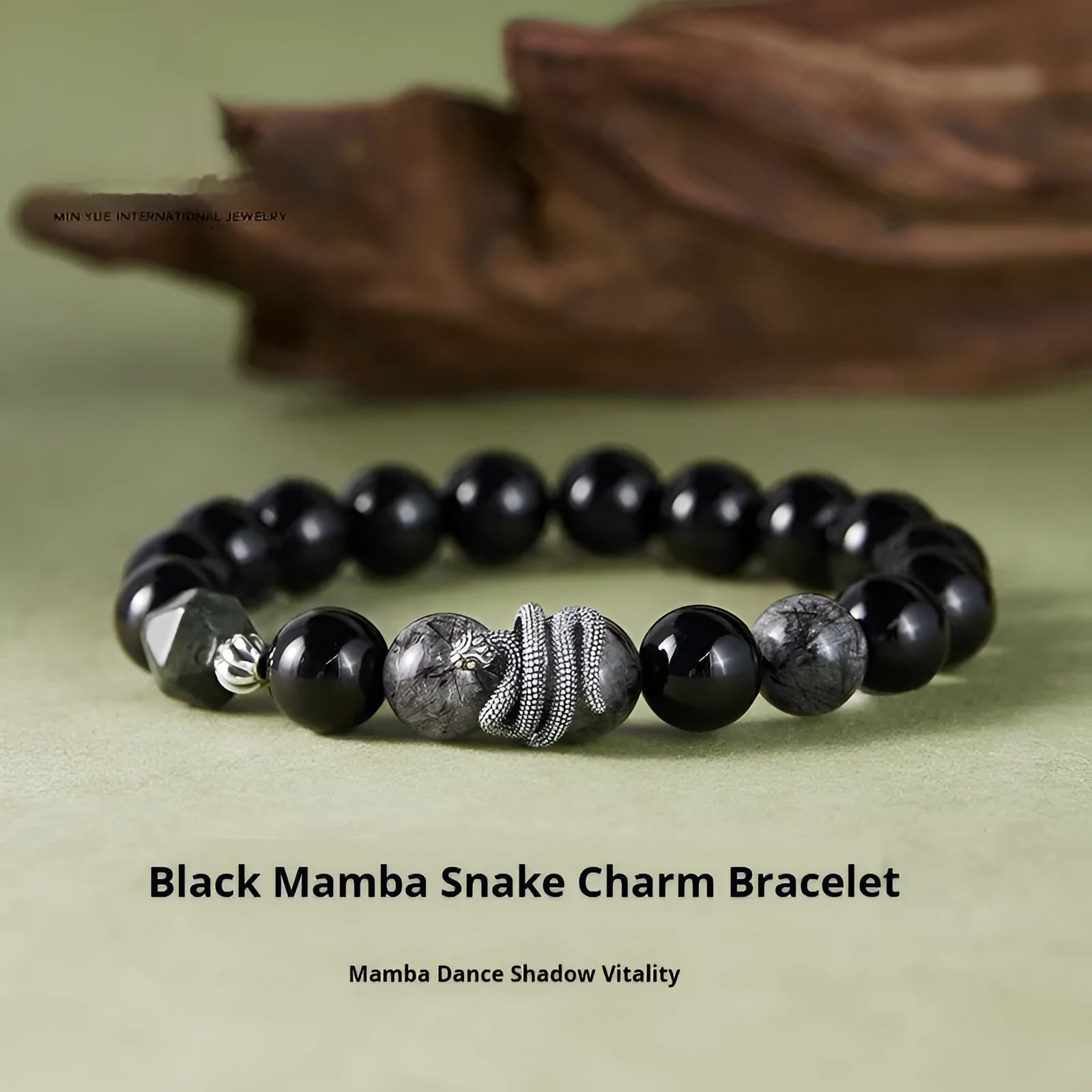 Men's black obsidian crystal and silver snake bracelet with retro zodiac design