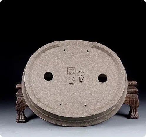 Handmade purple sand oval bonsai pot measuring 25x21x6.3cm with antique finish