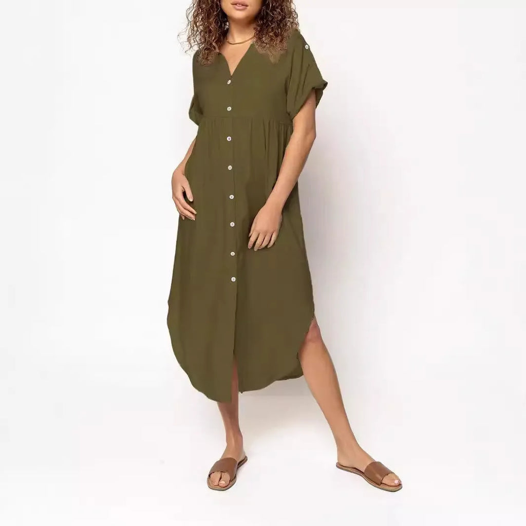 Mid-length casual dress with button front in solid colour, showing loose Japanese Korean fit