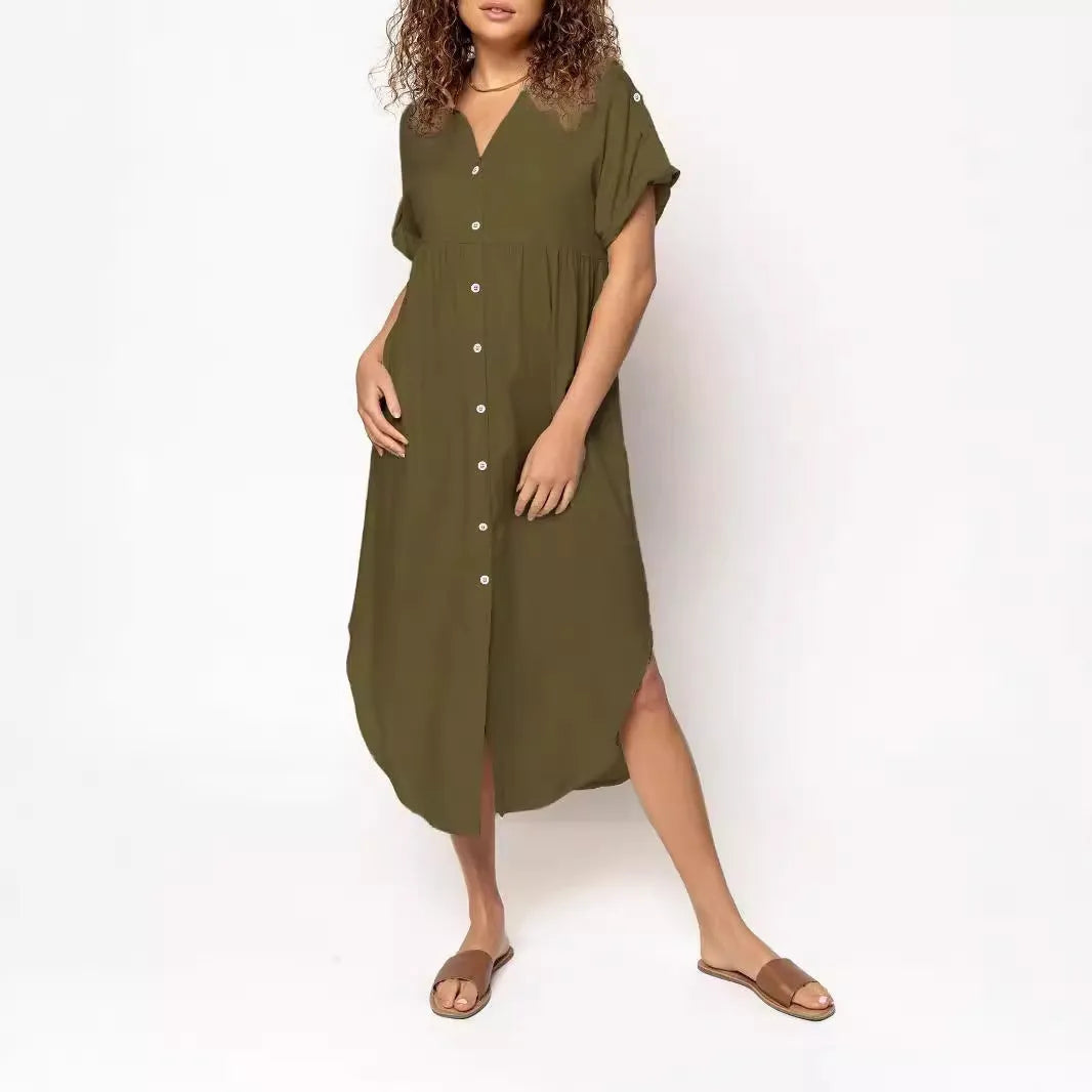Mid-length casual dress with button front in solid colour, showing loose Japanese Korean fit