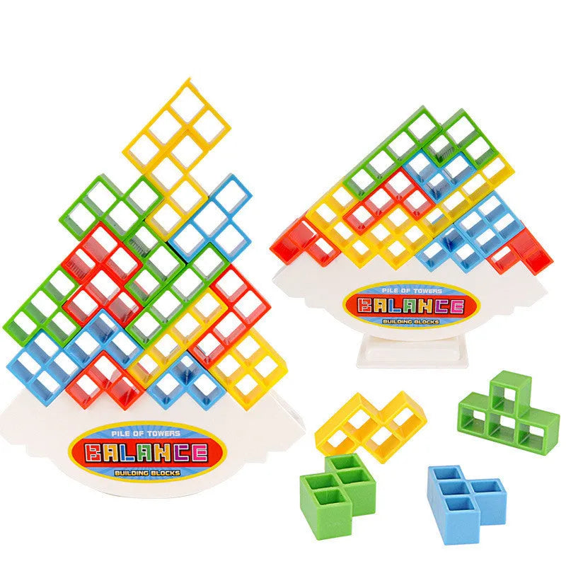 Plastic balance stacking game with 16 colourful building blocks on chassis