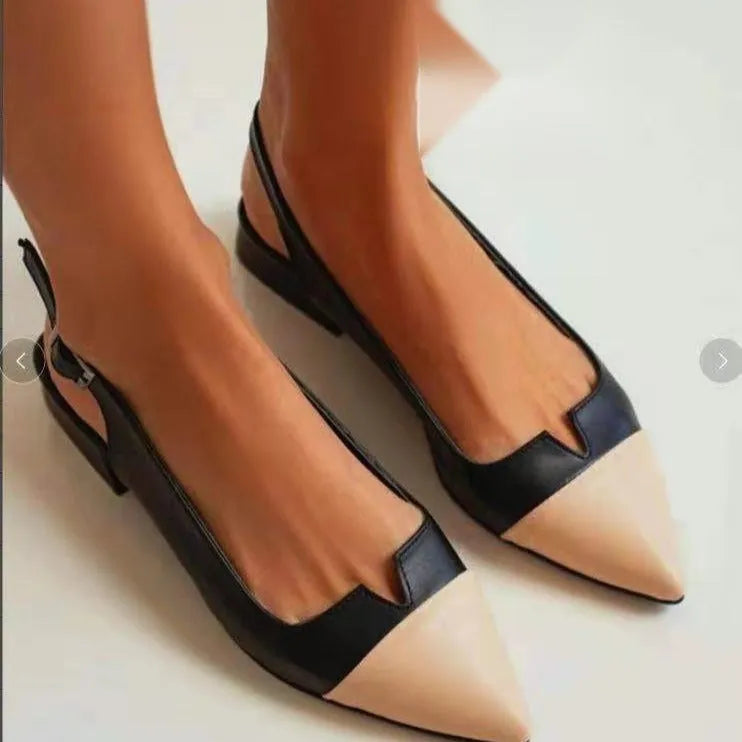 Women's pointed flat bottom low heel pumps in colour-matched design with chunky heel and wool lining