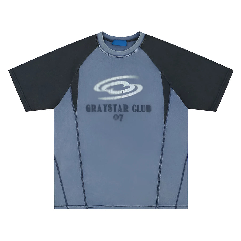 Men's blue hip hop letter print raglan sleeve cotton T-shirt laid flat.