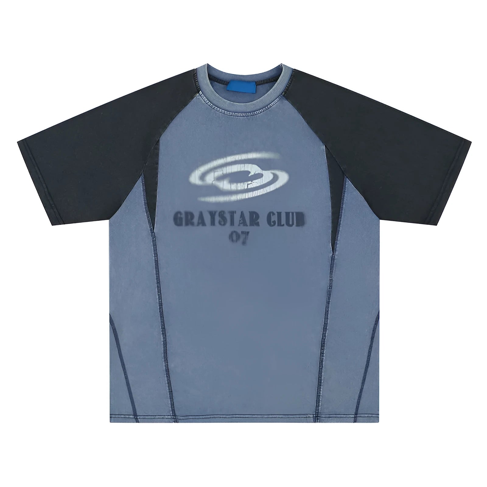 Men's blue hip hop letter print raglan sleeve cotton T-shirt laid flat.