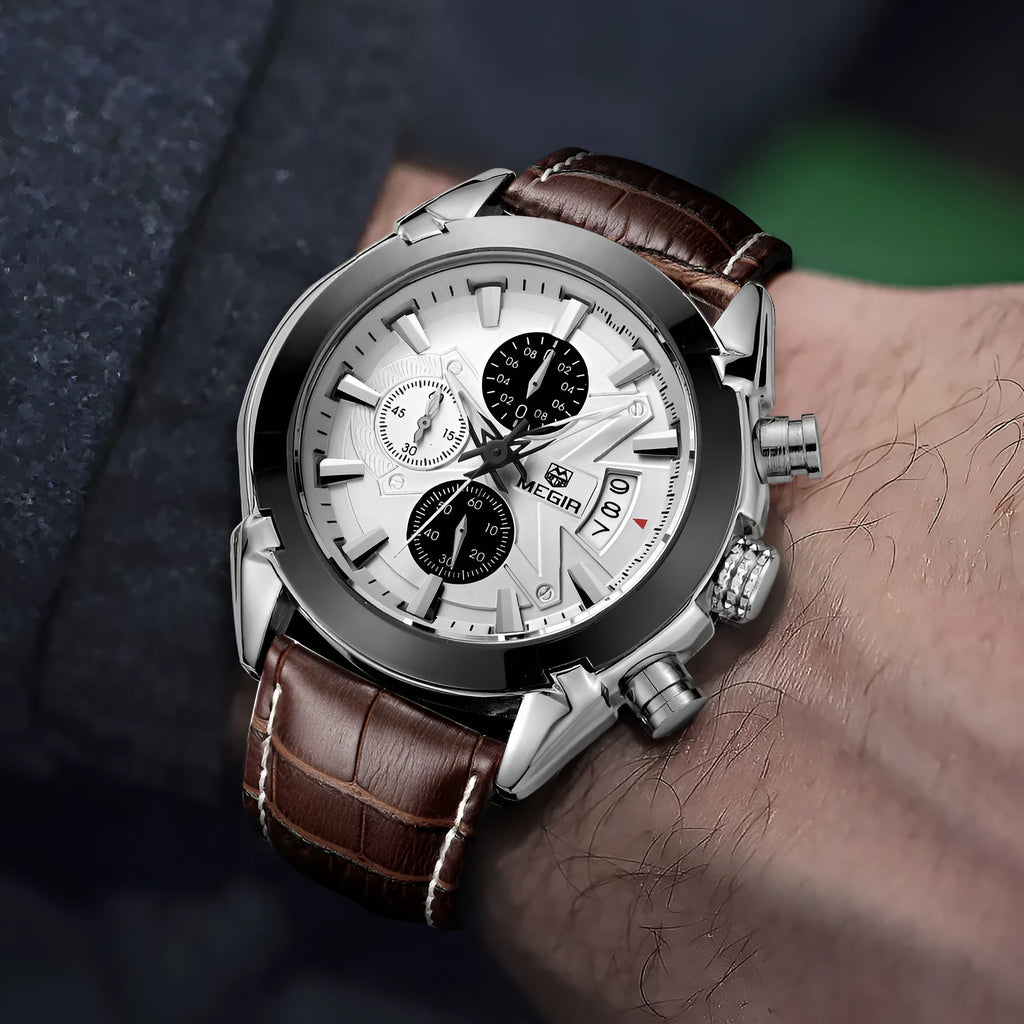 Men's multifunctional quartz watch with three subdials, six hands, luminous dial and waterproof case