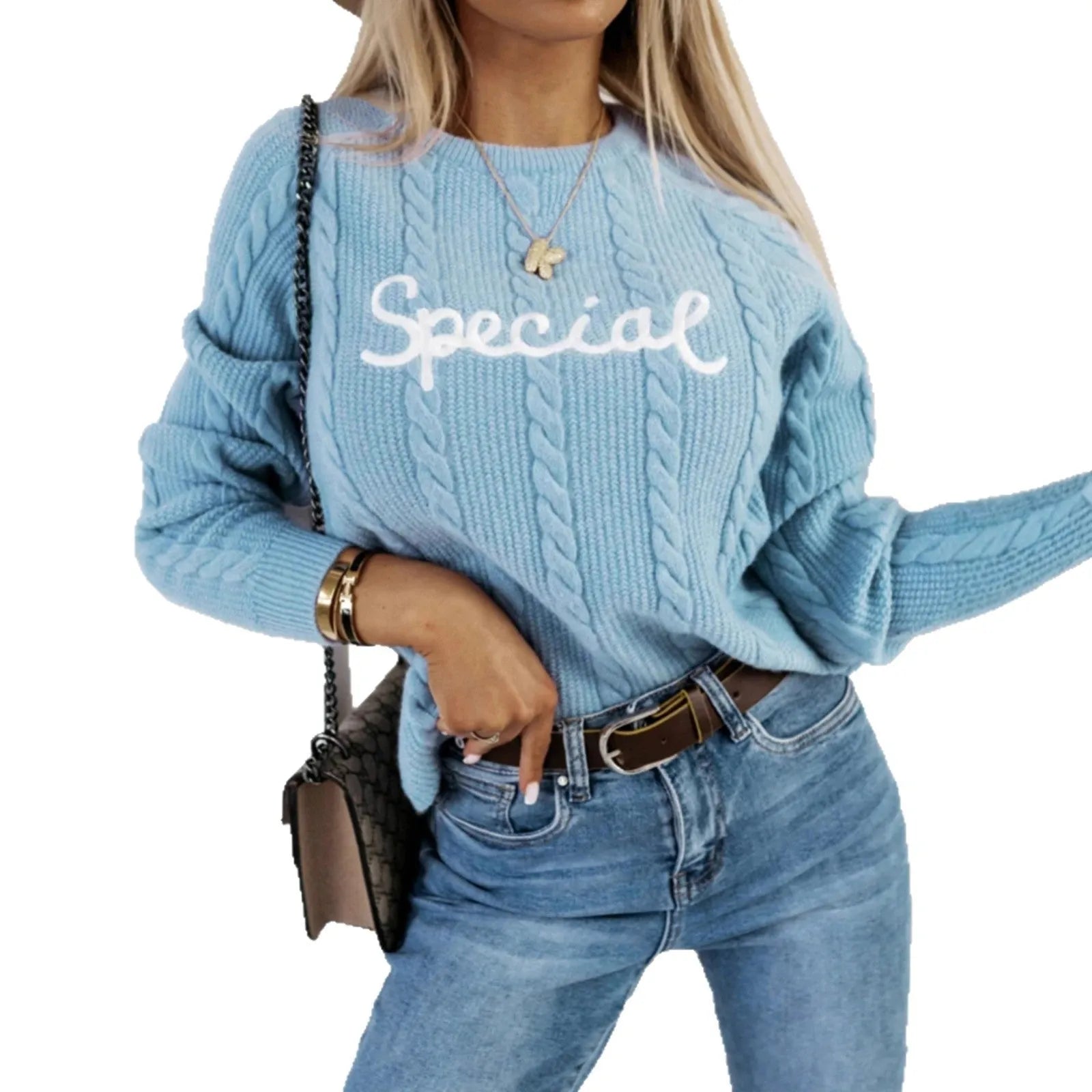 Blue men's pullover sweater with embroidered text pattern on the front, crew neck design.