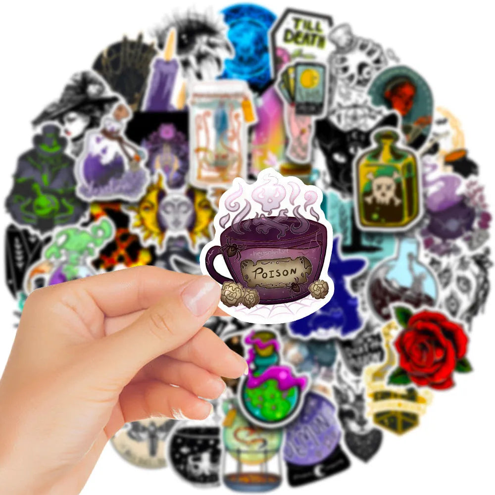 Pack of 50 waterproof PVC stickers with glossy finish for laptops and smooth surfaces.