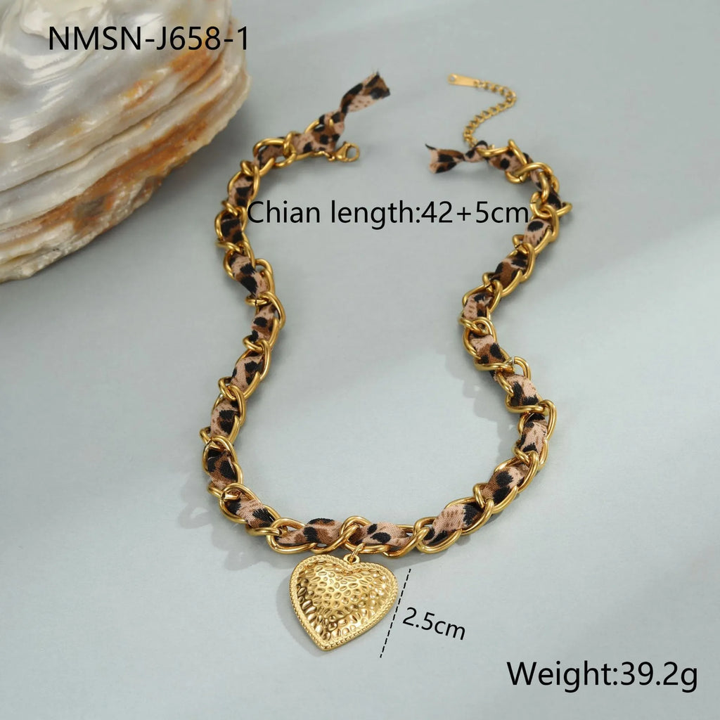 Geometric leopard love pendant necklace on stainless steel chain with 18K electroplated finish