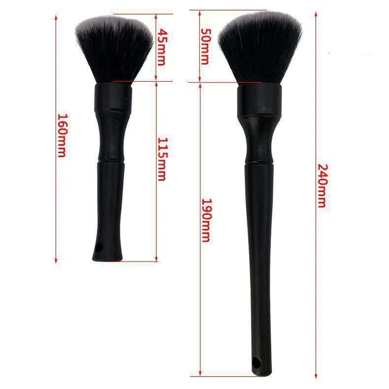 Black car detailing brush with PP handle and pig hair bristles shown in two sizes