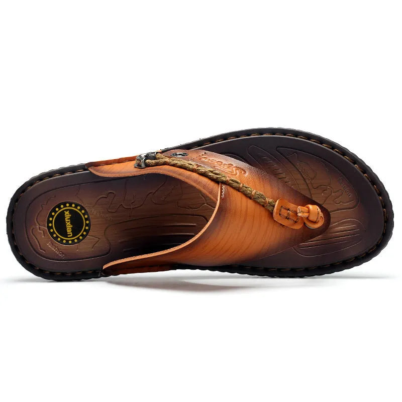 Men's plus size herringbone outdoor slippers in dark blue and khaki with rubber sole and leather lining