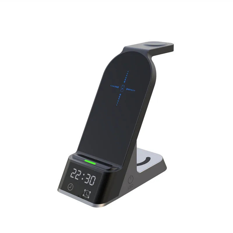 Black six-in-one wireless charging alarm clock with Apple Watch dock and LED display