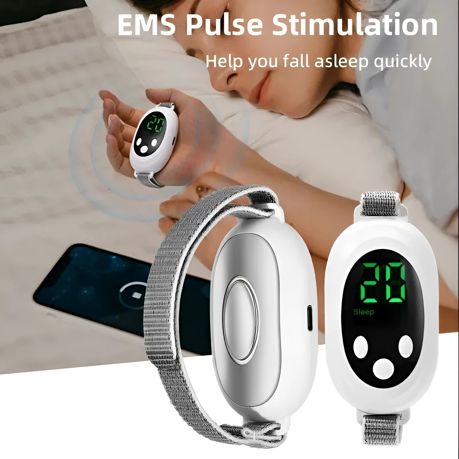 White USB sleep aid instrument with remote control and sleep bracelet attachment