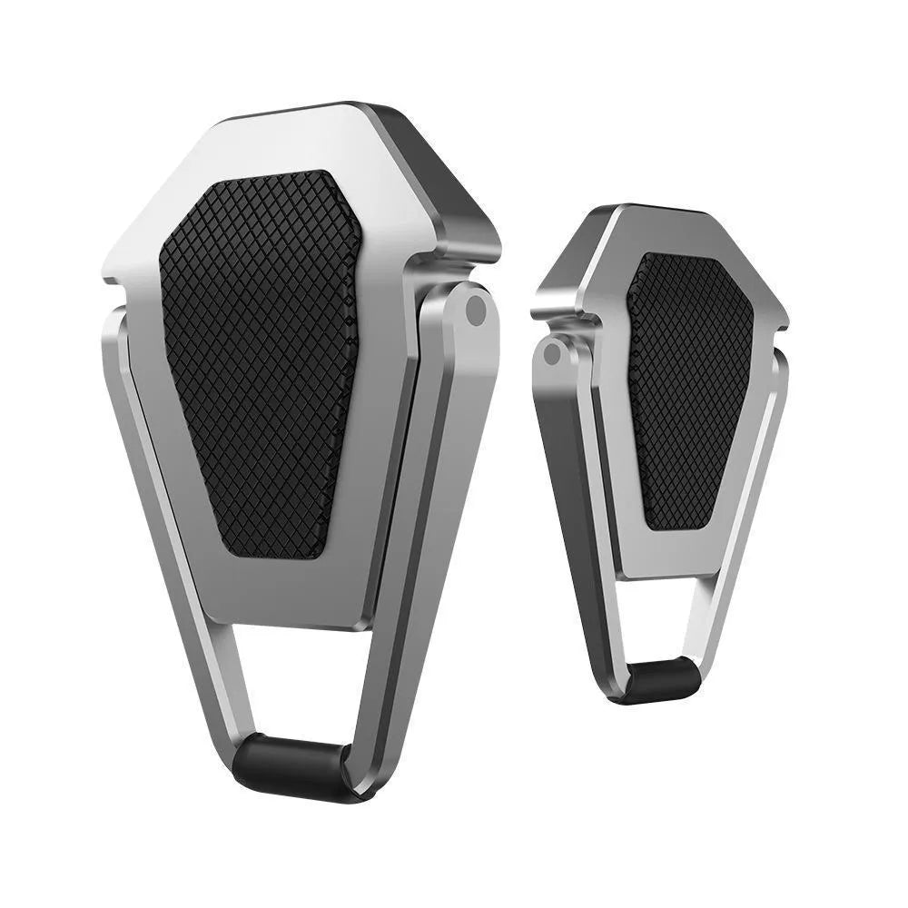 Silver aluminium folding laptop bracket showing compact 4.8cm x 3.5cm dimensions with adhesive backing