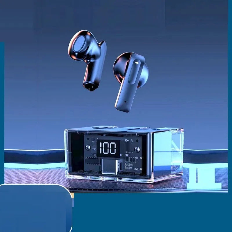 Transparent space capsule case containing true wireless Bluetooth earbuds with digital battery display
