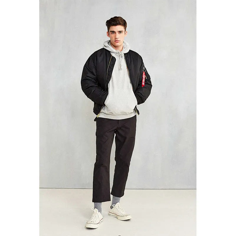 Men's loose fit nylon pilot jacket in army green, shown with cotton padding and double-sided wear-resistant construction.