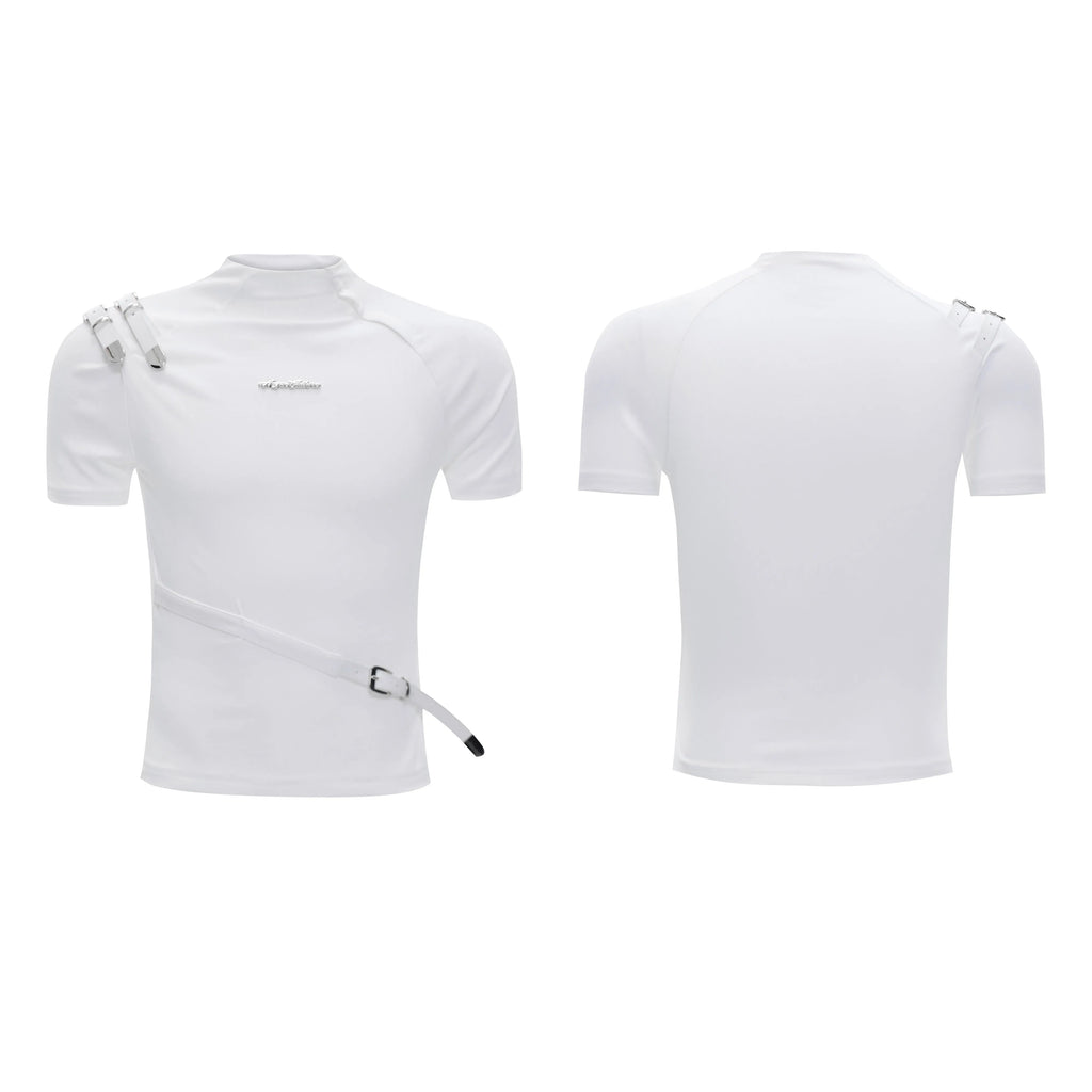 Men's slim fit cotton T-shirt with metal belt design and stand-up collar in black colour