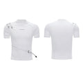Men's slim fit cotton T-shirt with metal belt design and stand-up collar in black colour