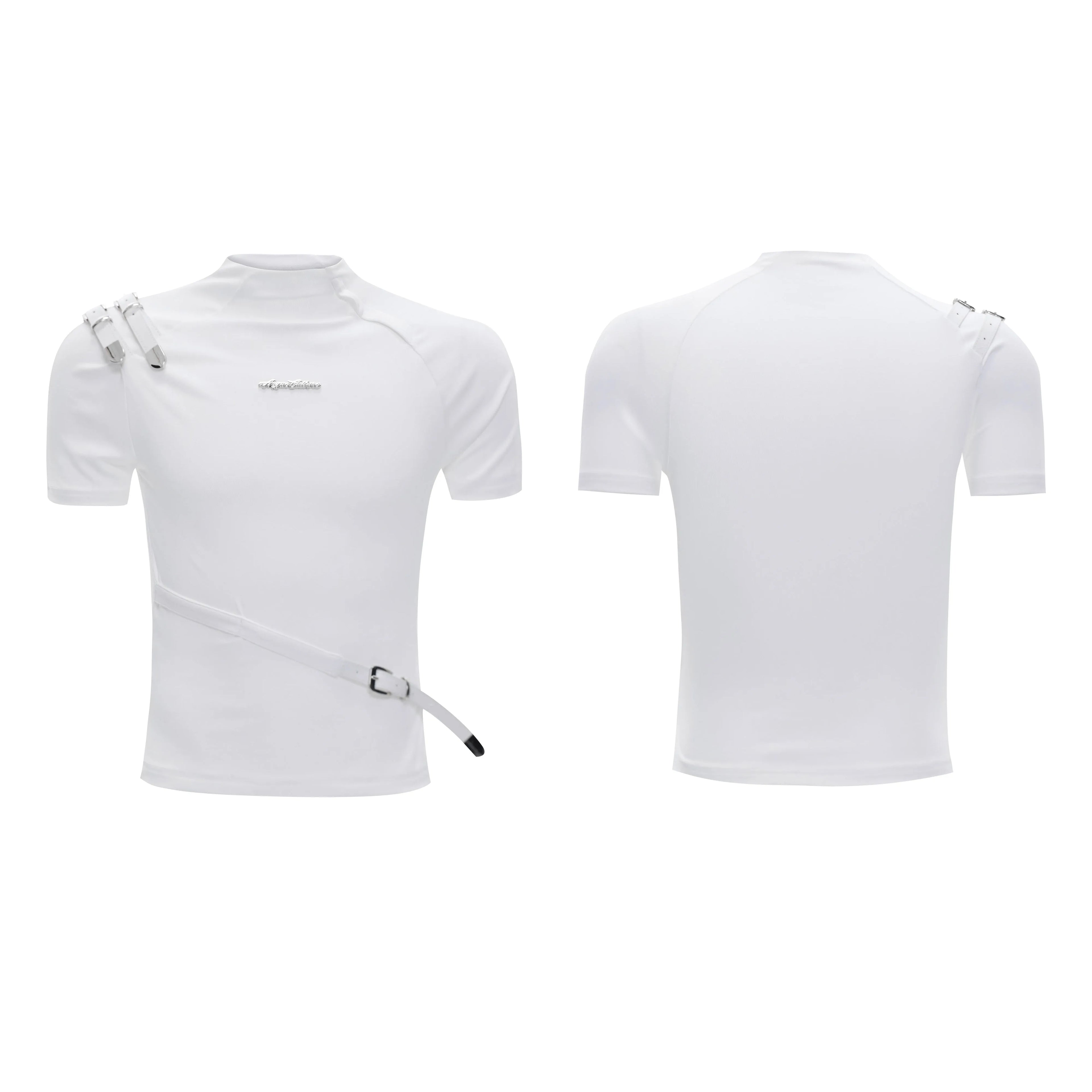 Men's slim fit cotton T-shirt with metal belt design and stand-up collar in black colour
