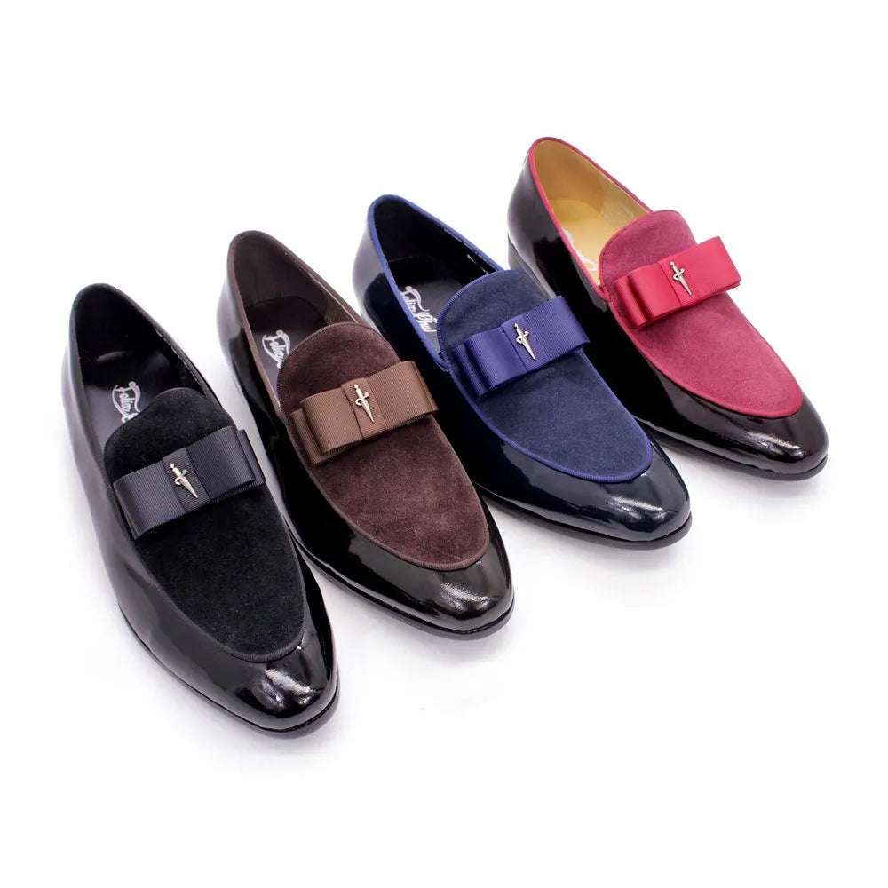 Men's glossy patent leather low-top shoes with a tassel in black, shown from a side view.