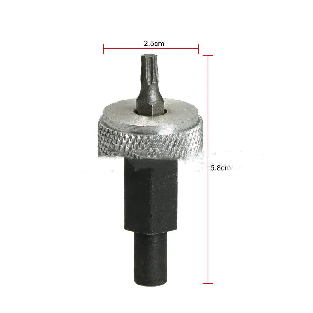 Close-up of a carbon steel ignition module wrench with knurled aluminium knobs, shown with a 7/32" hex bolt.