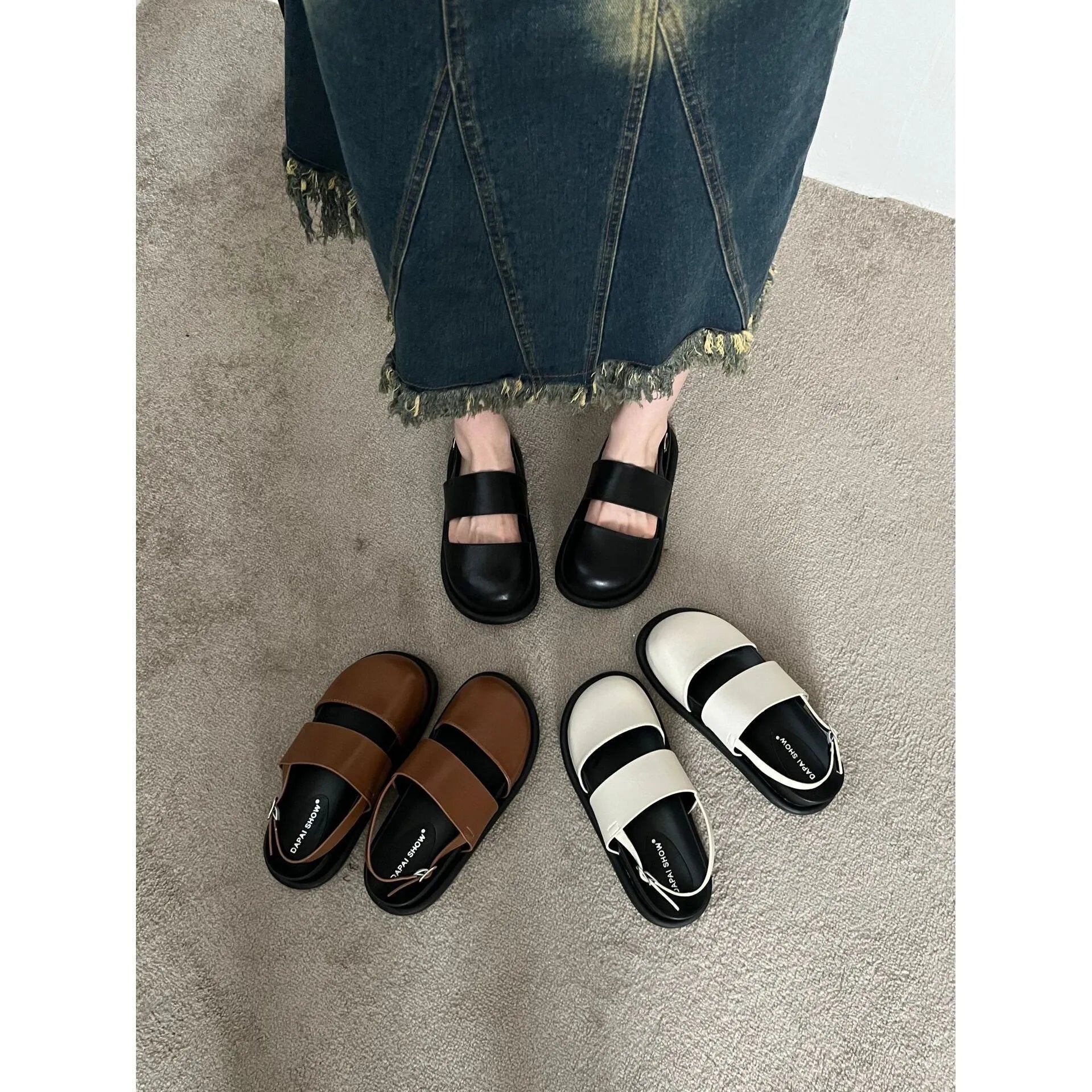 Retro women's closed toe sandals with ankle strap buckle in apricot colour