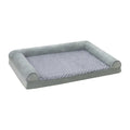 Grey fabric-covered indoor kennel for medium to large dogs showing three size options