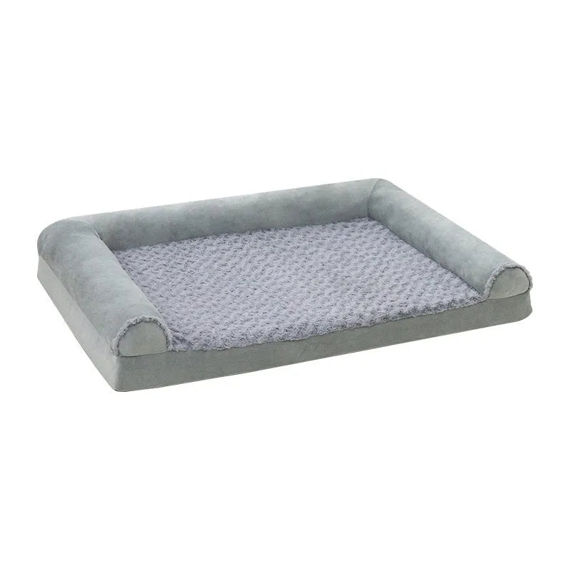 Grey fabric-covered indoor kennel for medium to large dogs showing three size options