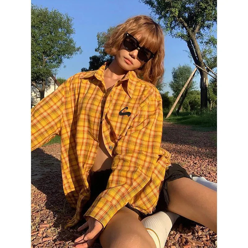 Dopamine yellow plaid shirt in loose cardigan style made from polyester blend fabric