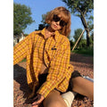 Dopamine yellow plaid shirt in loose cardigan style made from polyester blend fabric