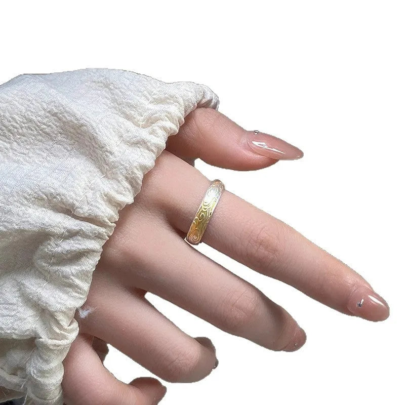 White copper adjustable ring with geometric design and Xiangyun pattern in silver tone finish