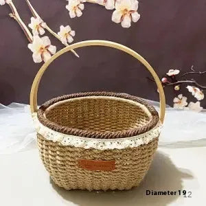Coffee brown hand-woven straw basket with hemp rope handle, shown next to a small plant for scale.