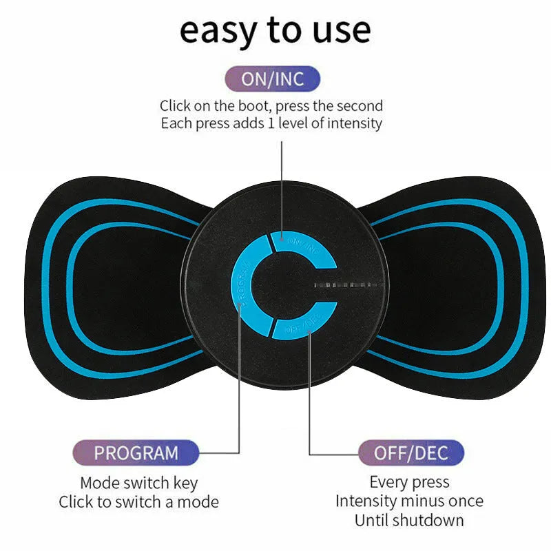 Mini electric shoulder and neck massager with massage patches, 15x7x2.3cm, black, rechargeable or battery powered