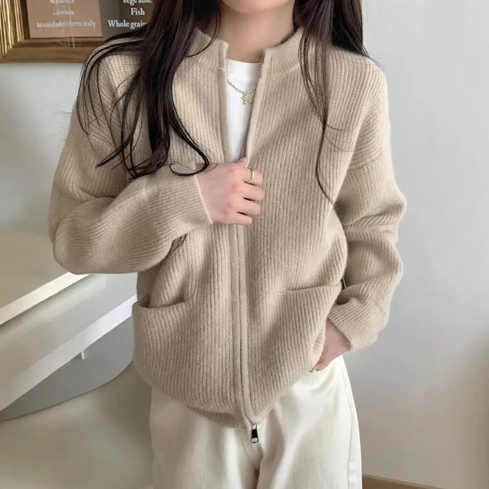 Women's beige soft wind glutinous sweater coat cardigan with long sleeves